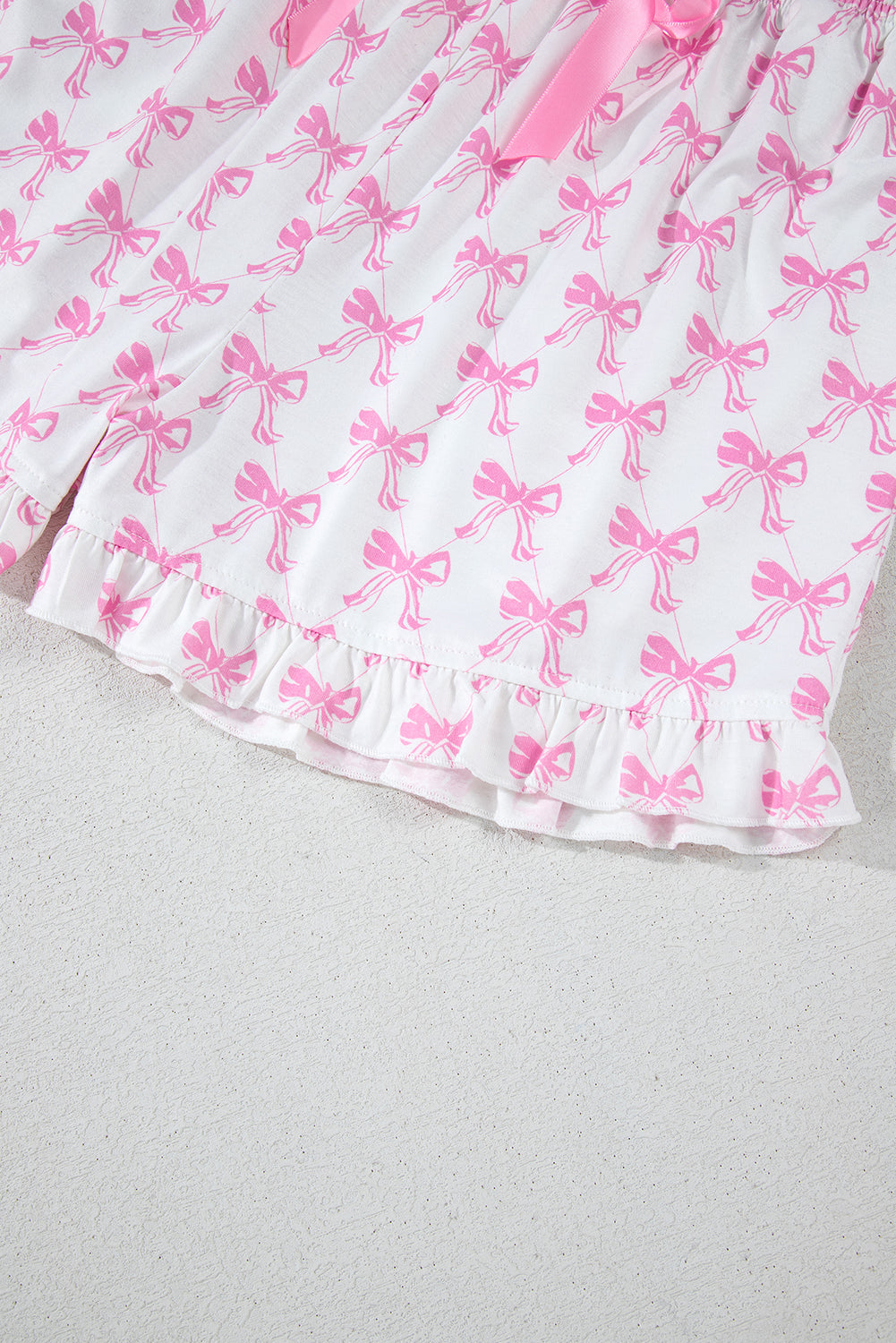 Pink Bowknot Printed Short Sleeve and Ruffled Shorts Pajama Set