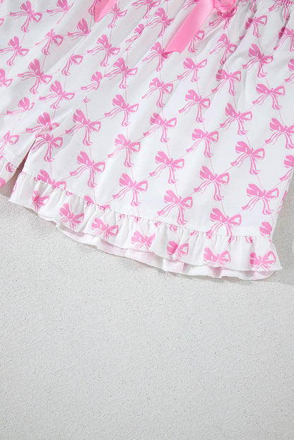 Pink Bowknot Printed Short Sleeve and Ruffled Shorts Pajama Set
