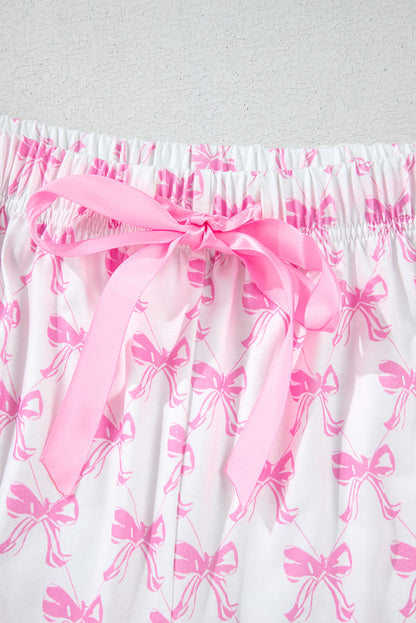 Pink Bowknot Printed Short Sleeve and Ruffled Shorts Pajama Set