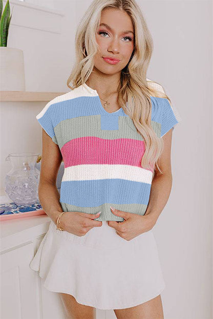 Light Blue Color Block Notch V Neck Sweater T Shirt