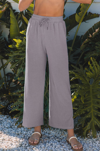 Wild Wind Solid Corded Knit Short Sleeve T Shirt and Wide Leg Pants Set