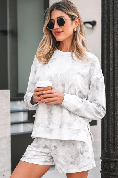 Beige Maple Camo Print Pullover Top and Elastic Waist Casual Short Set