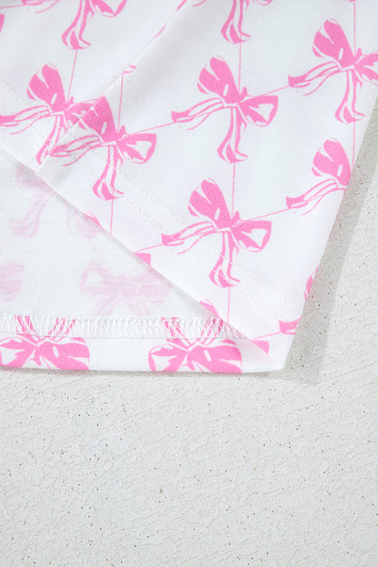Pink Bowknot Printed Short Sleeve and Ruffled Shorts Pajama Set