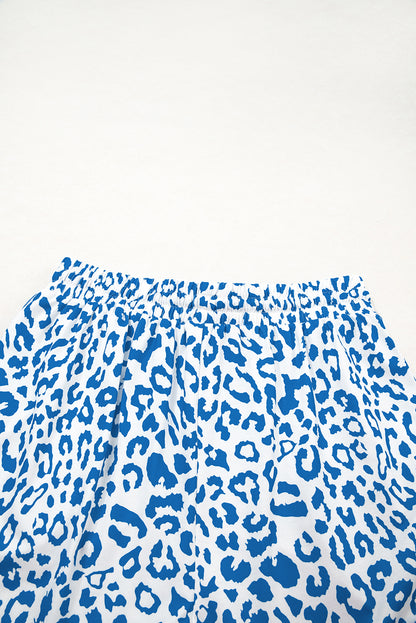 Blue Leopard Elastic Waistband Lace up Contrast Trim Casual Shorts