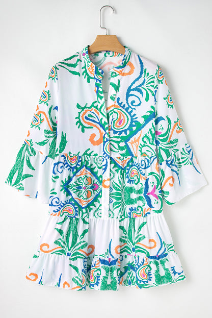 Green Tribal Bracelet Sleeve Buttoned Mini Dress