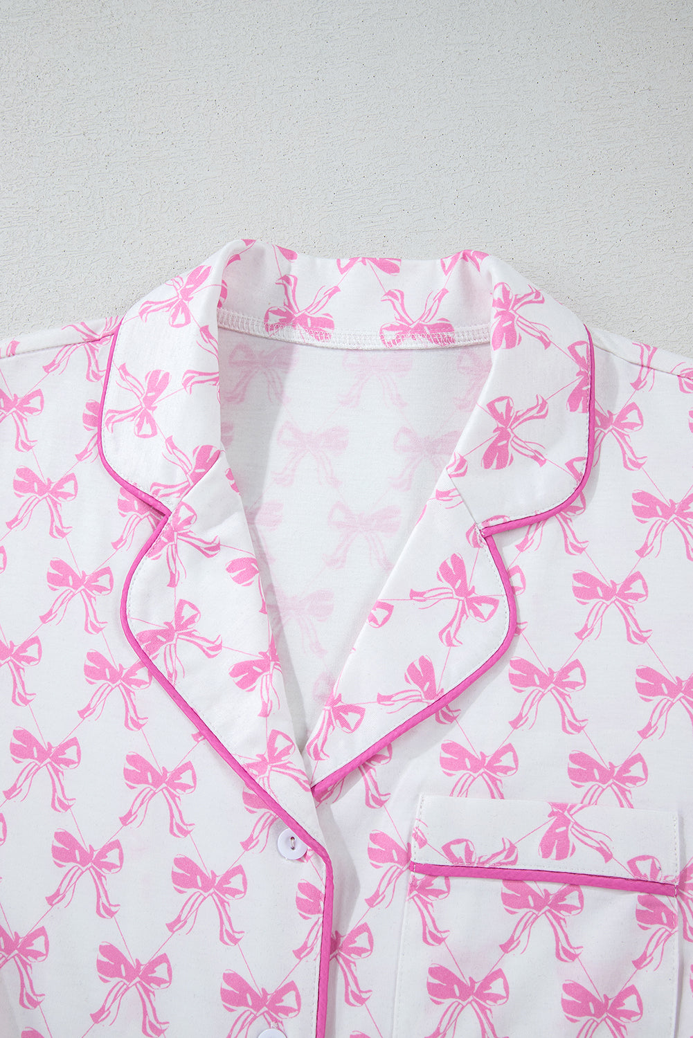 Pink Bowknot Printed Short Sleeve and Ruffled Shorts Pajama Set